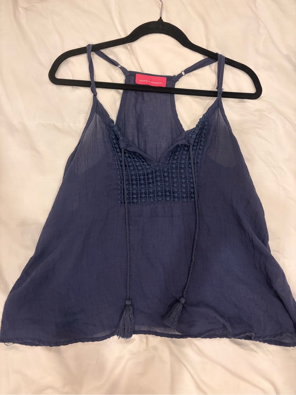 pookie + sebastian Navy Crochet-Detail Spaghetti Strap Top